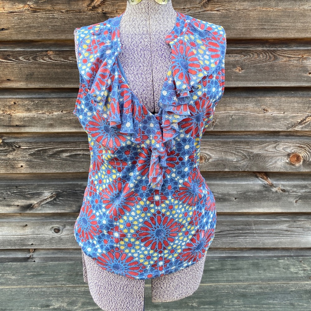 Chaps Denim Ruffle V Neck Multicolor Lined Tank